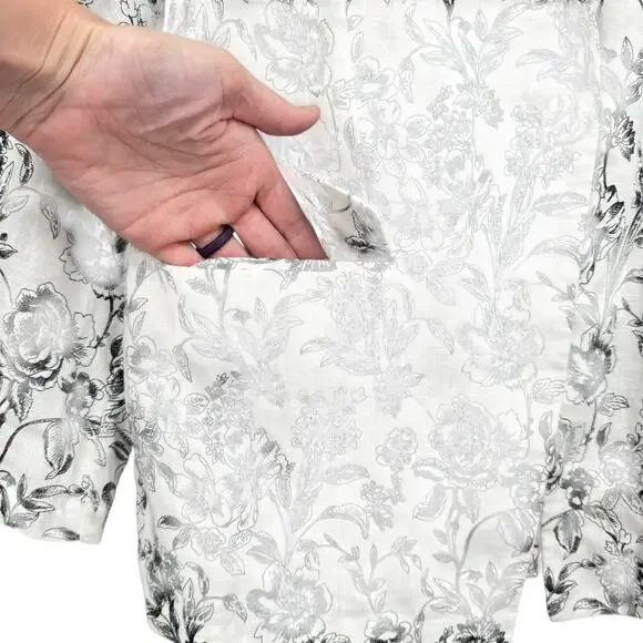 Joie Black & White Floral Print 100 Linen Longline Business Casual Blazer Jacket - Picture 8 of 12